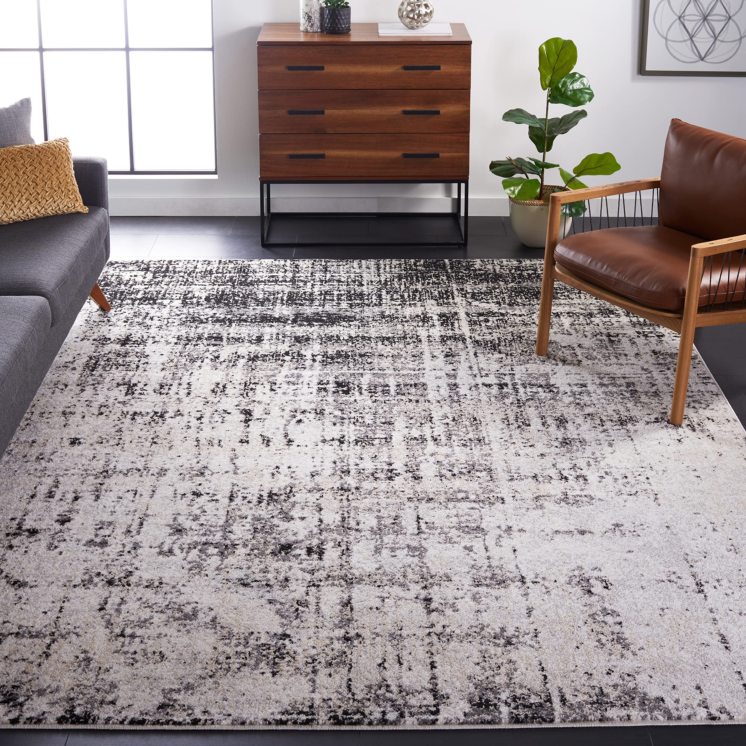 SAFAVIEH Adirondack Collection Area Rug - 9' x 12', Silver & Black, Modern Abstract Design, Non-Shedding & Easy Care, Ideal for